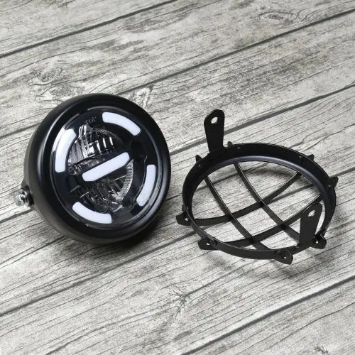 black with cover 6.5inch universal Retro motorcycle modification LED headlight lamp with Guard Cover yellow driving light GN125 250 - Color: black with cover