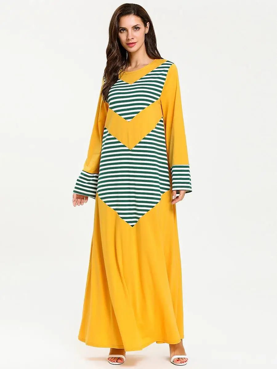 Arab Long Dress Muslim Women Maxi Party Robe Islamic Loose Abaya Kaftan Gown Stripe Patchwork Color Block Dresses New | Тематическая
