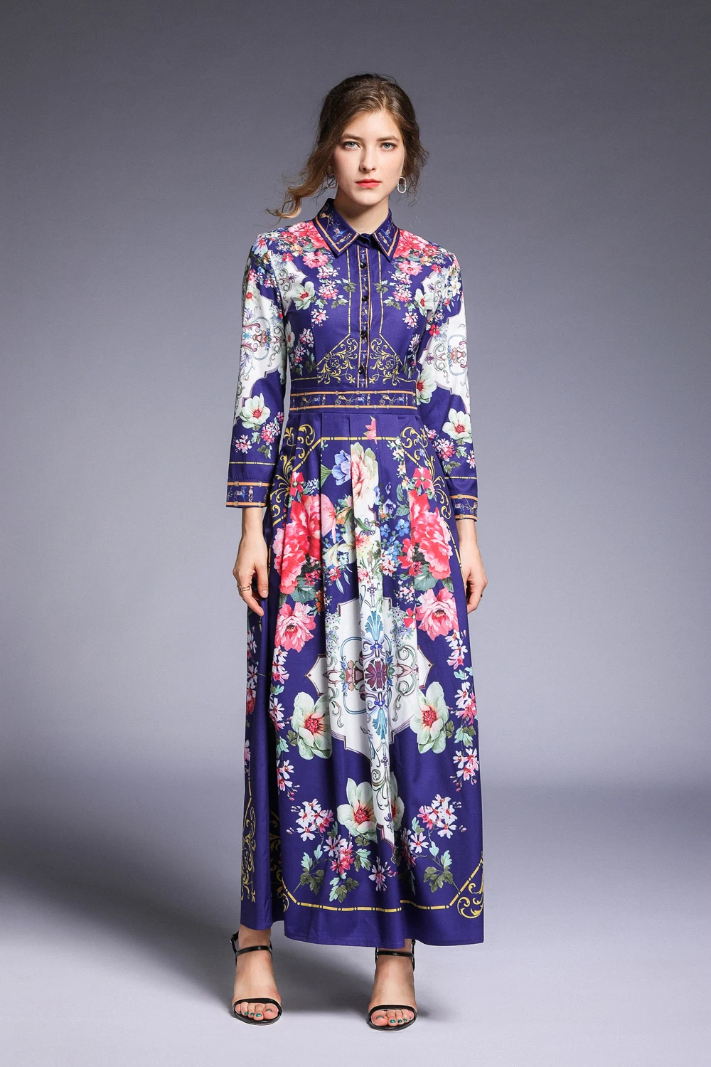 2019 Spring Summer Fall Runway Vintage Floral Print Collar Long Sleeve Empire Waist Women Lady Party Casual A-Line Maxi Dress | Женская