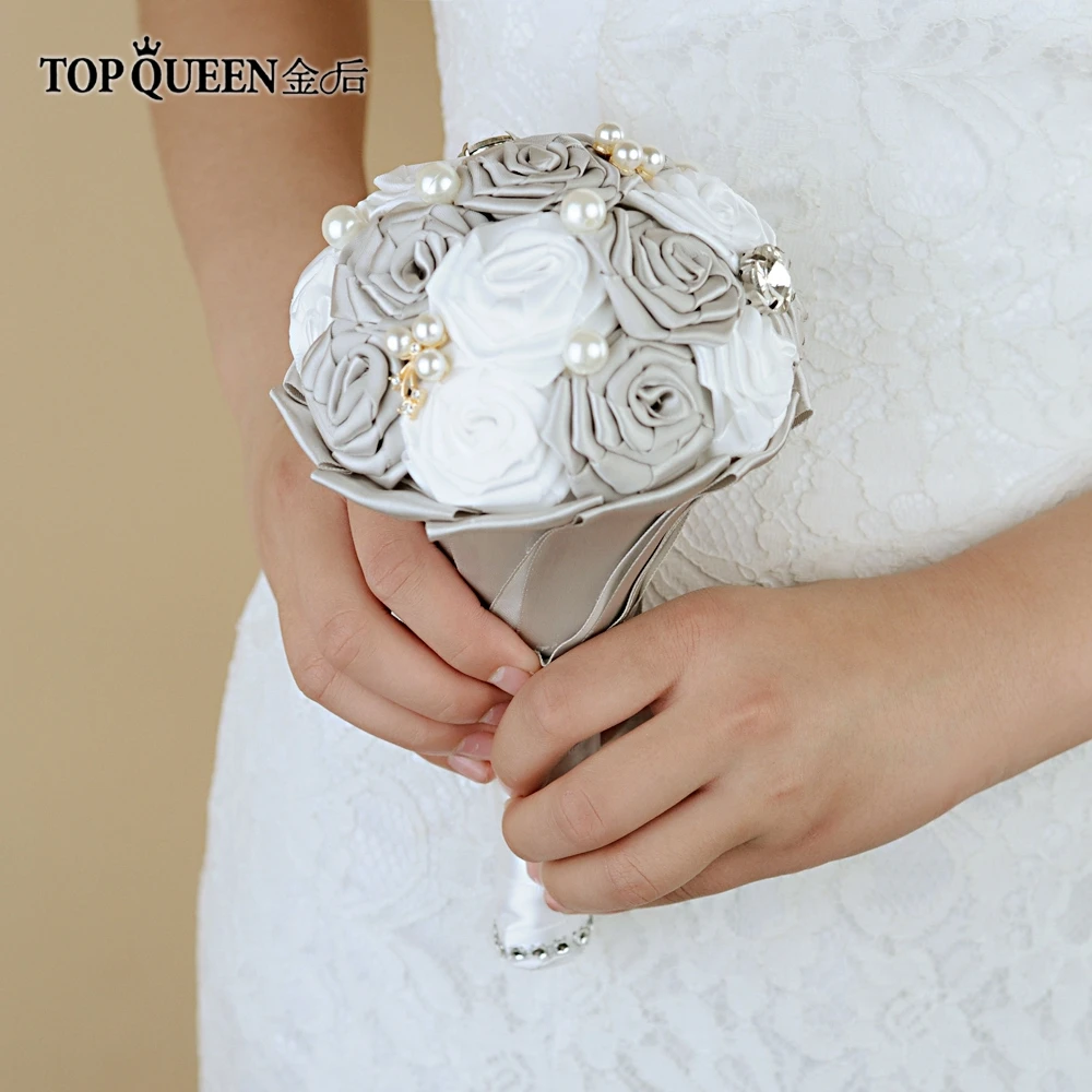 TOPQUEEN F6-GR Потрясающие Свадебные цветы Букеты Свадебные букеты Искусственные белые розы и темно-серые розы и жемчуг