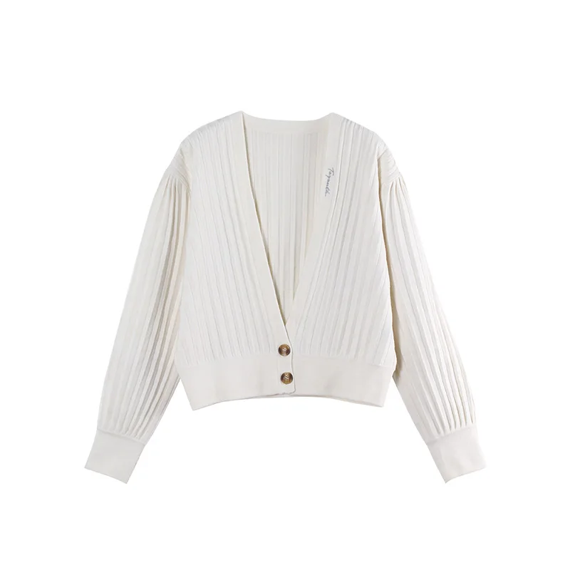 Toyouth New Solid V neck Autumn Short Cardigan Women Oversized Sweater Lantern Sleeve Cardigans Female Elegent Striped Tops| |