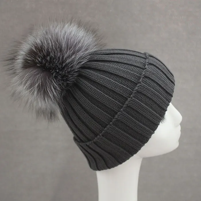 Brand New Warm Winter Collection 100% Merino Wool Gorros Beanie Detachable Genuine Silver Fox Fur Pom Poms Knitted Hats for Men