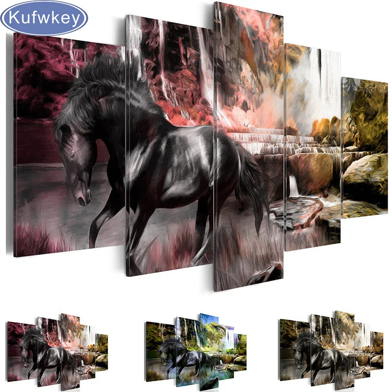 

diy Diamond Painting 5 Pieces Nature Animal horse waterfall scenic DIY 3D Diamond Embroidery cross stitch crafts gift Full drill