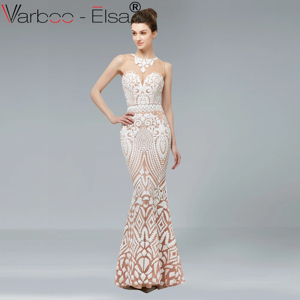 VARBOO_ELSA 2018 Новое расшитое блестками длинное вечернее платье бежевое без рукавов