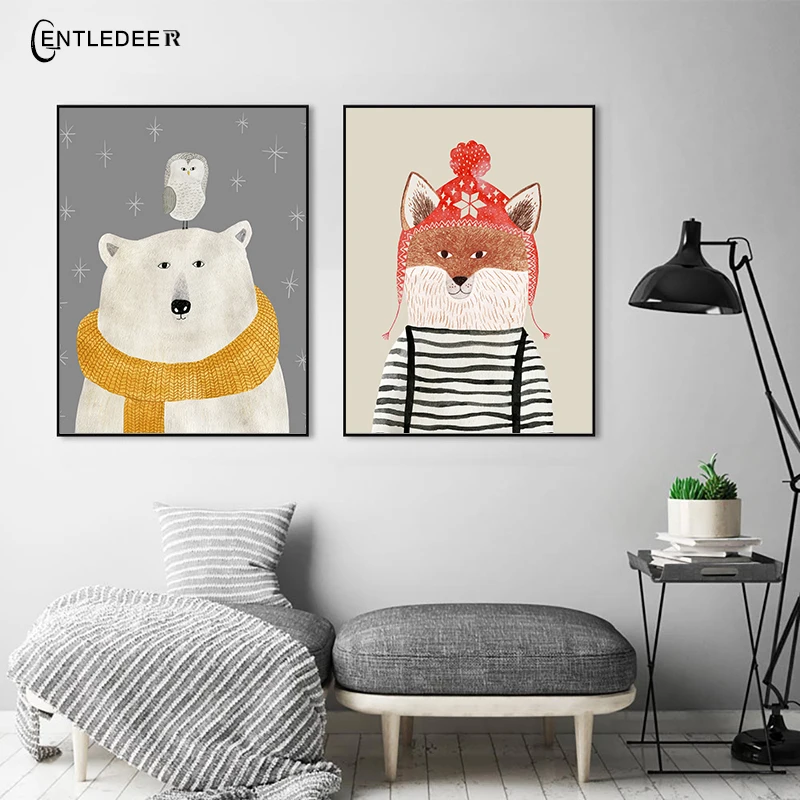 Nordic Cute Animal Wall Art Poster Bear Fox Canvas Painting Home Decoration On The Living Room No Frame Pictures | Дом и сад