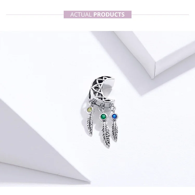 INBEAUT 925 пробы серебро дизайн Луна Ловец снов талисманы подходят Pandora браслет Blu& зеленый циркон бисер с перьями