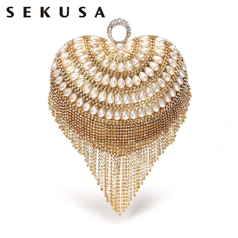 

SEKUSA Heart Design Women Day Small Clutches Finger Ring Metal Diamonds Elegant Evening Bags With Handle Beaded Tassel Purse