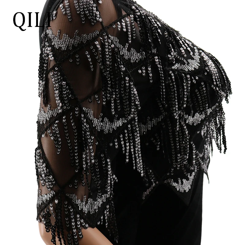 QILI Tassel Sequin Dress Elegant Lady Plaid Mesh Patchwork Ruffles Bodycon Dresses Half Sleeve O Neck Office | Женская одежда