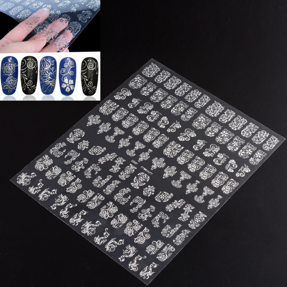 108 шт/Лист наклейки для ногтей цветы серебро 3D клей штамповки наклейки DIY инструмент для дизайна ногтей полная декоративная обертка наклейки