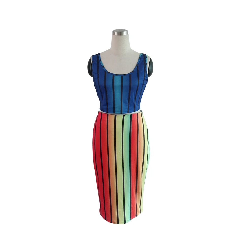 

Casual Striped Sleeveless Women Set Sexy Rainbow Vertical Stripes Tank Top With Skirt Bodycon Two Piece Set Outwear Slim Outfit
