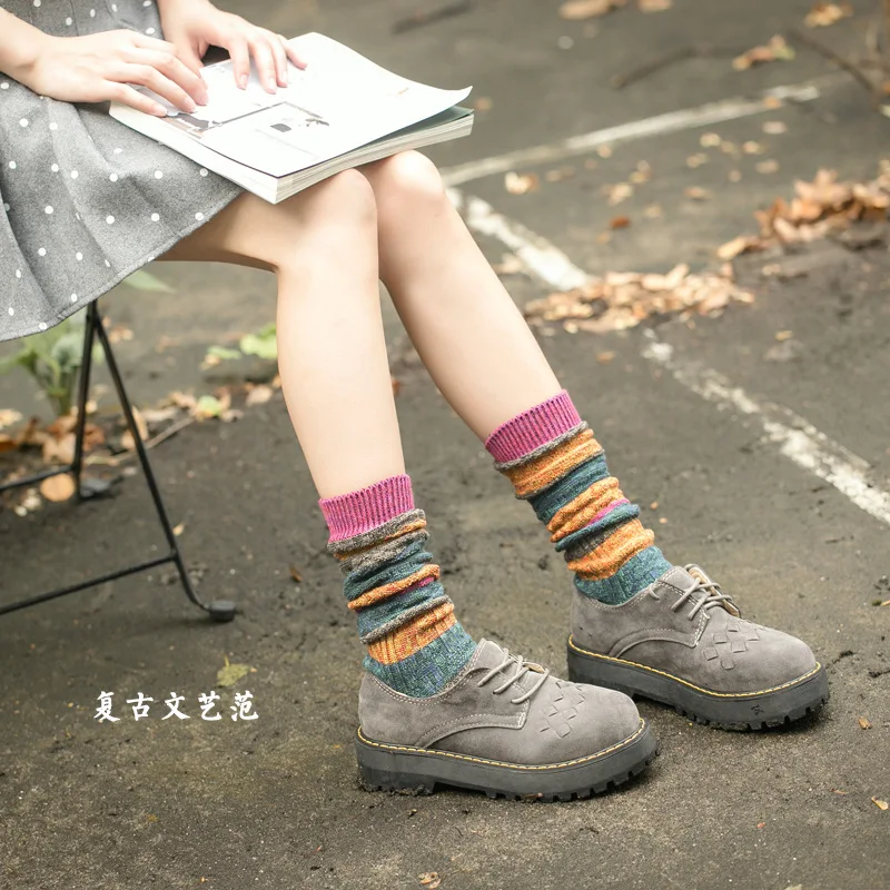 Japan Harajuku Vintage Striped Woman Socks Winter Fashion Compression High School Women's Socks Long Thick Female Cotton Socks
