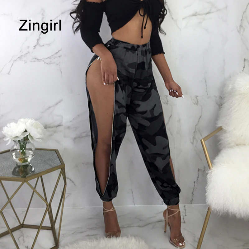 Zingirl молния Камо Разделение сексуальные длинные брюки Для женщин клуб