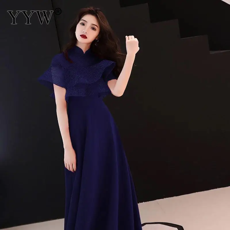 purplish blue Халаты De Soiree элегантное женское вечернее платье, однотонные вечерние платья с оборками и рукавами, высокая талия, Модные женские сексуальные вечерние платья - Цвет: purplish blue