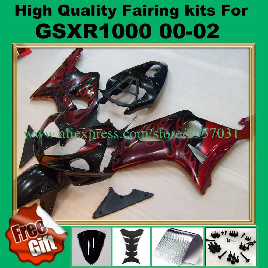 

9gifts, Injection molding body for SUZUKI K1 K2 GSXR1000 00 01 02 #25V7 red flame black ABS GSX-R1000 2000 2001 2002 Fairings