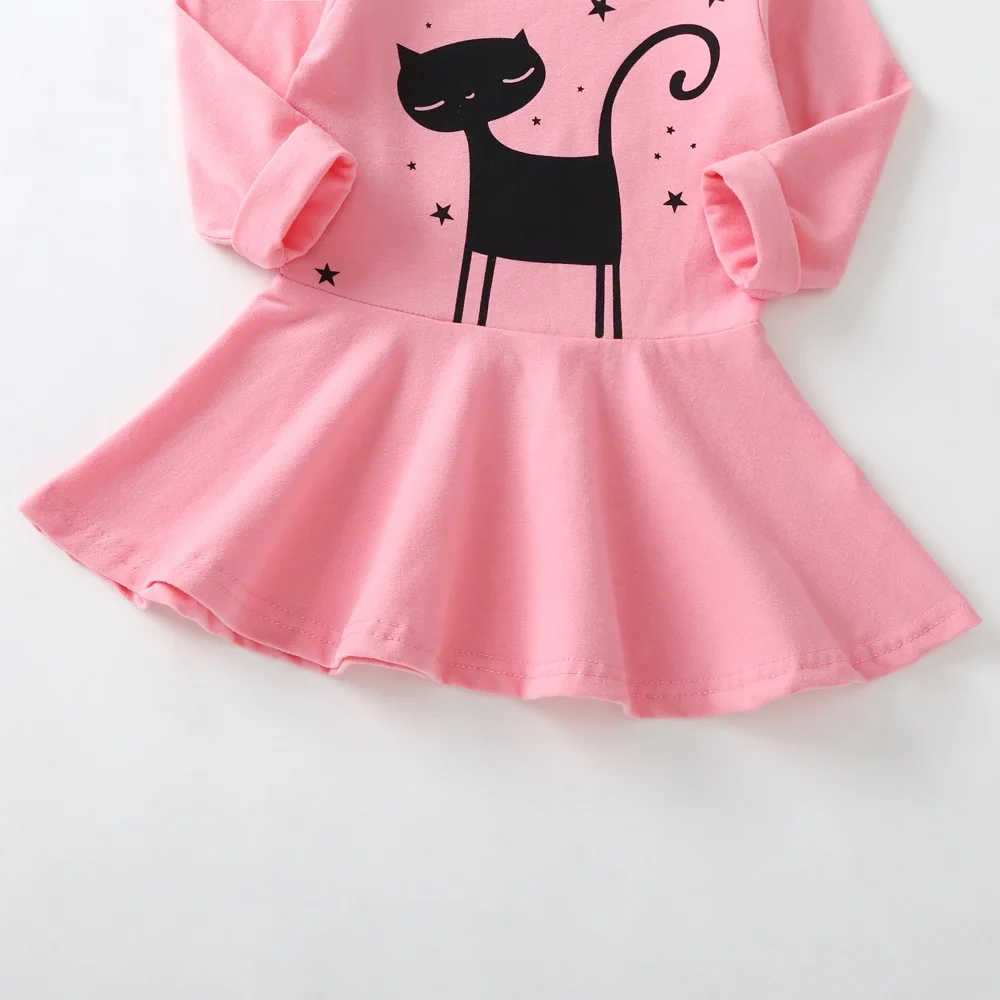New Fashion Fall Winter Cat Print Children Long Sleeve Cartoon Baby Girl Cotton Party Dresses for Kids Princess Girls Dress | Детская