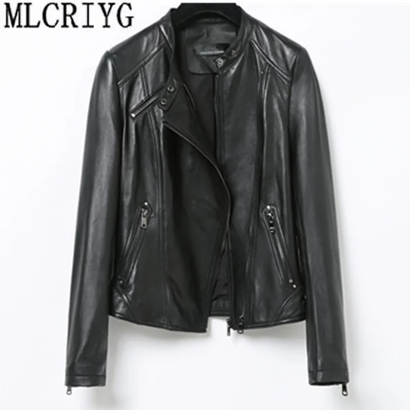 Fashion Genuine Leather Jacket Spring Classic Short Motorcycle Jackets Black Punk Style Ladies Sheepskin Coats for Women YQ246
