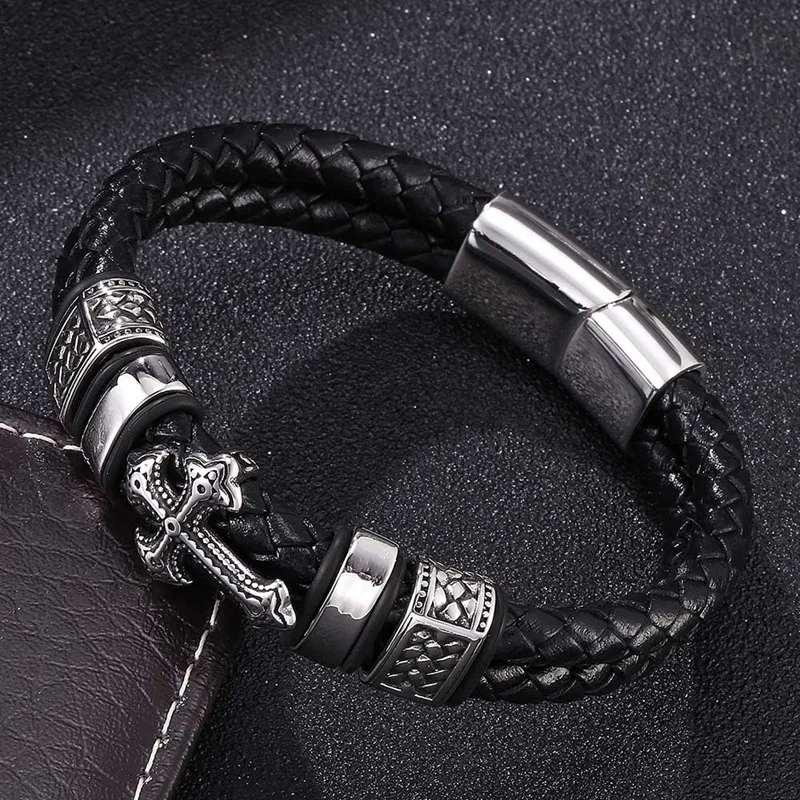 Мужские ювелирные изделия в стиле панк черные кожаные браслеты мужские из