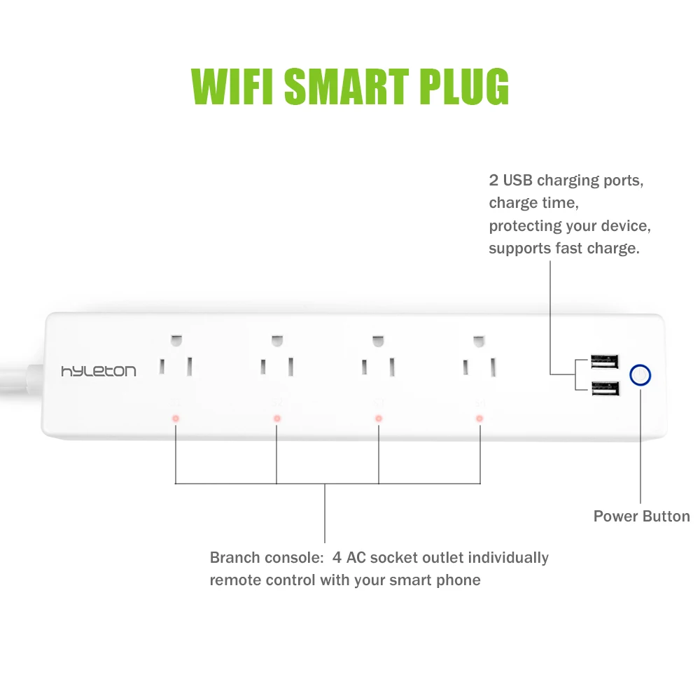 Умный удлинитель Hyleton 2 м домашняя розетка Wi Fi беспроводная умная с 4 портами