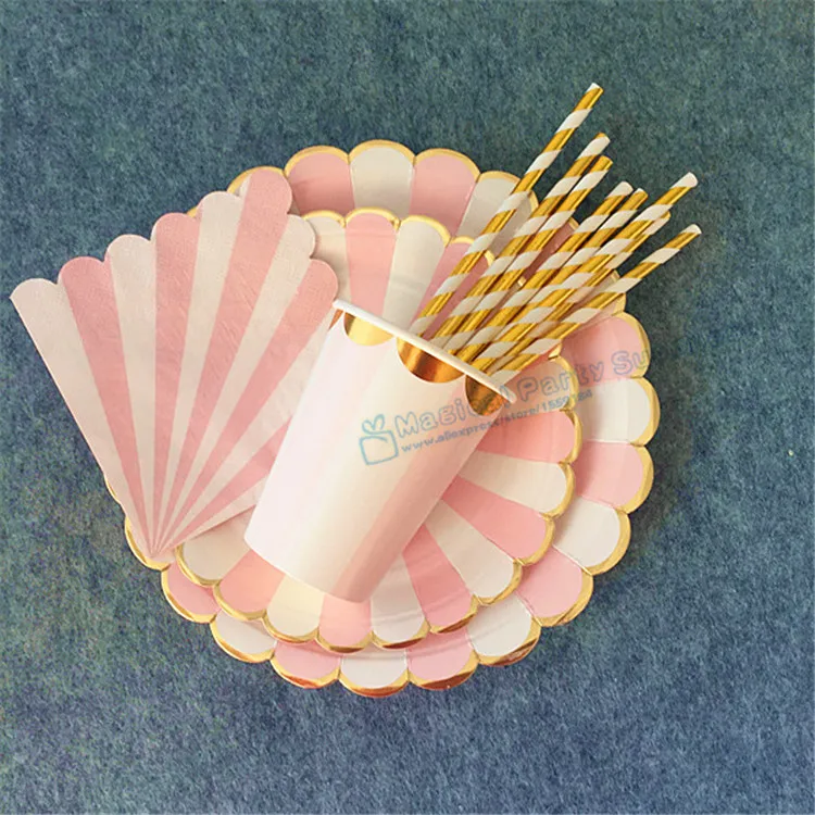 Набор из 16 румян розовые и золотые бумажные стаканчики волнистая фольга тарелки