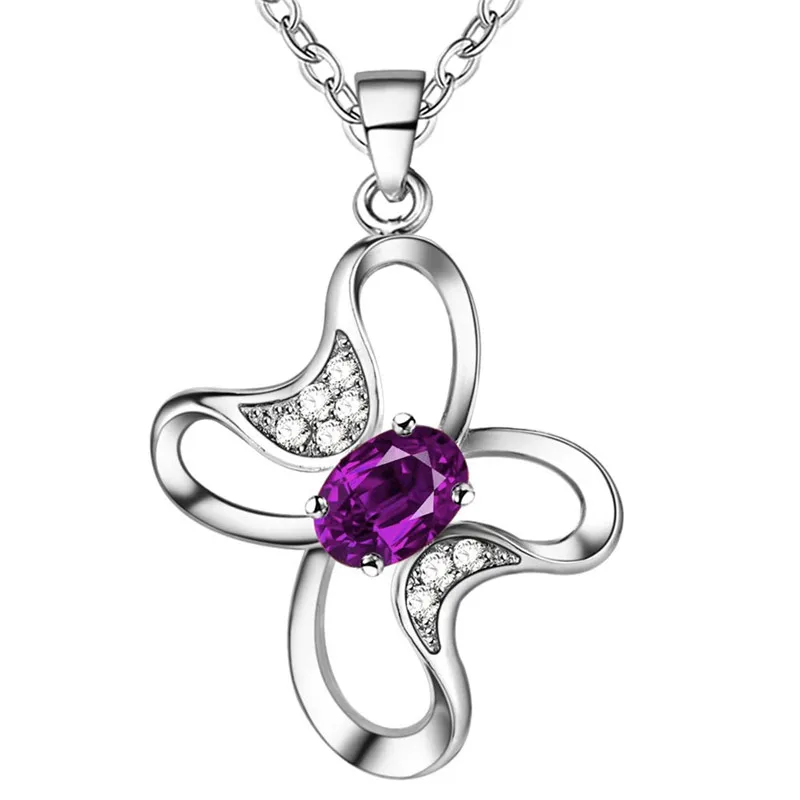 Хит серебряное ожерелье с подвеской в виде цветка цирконием красные фиолетовые