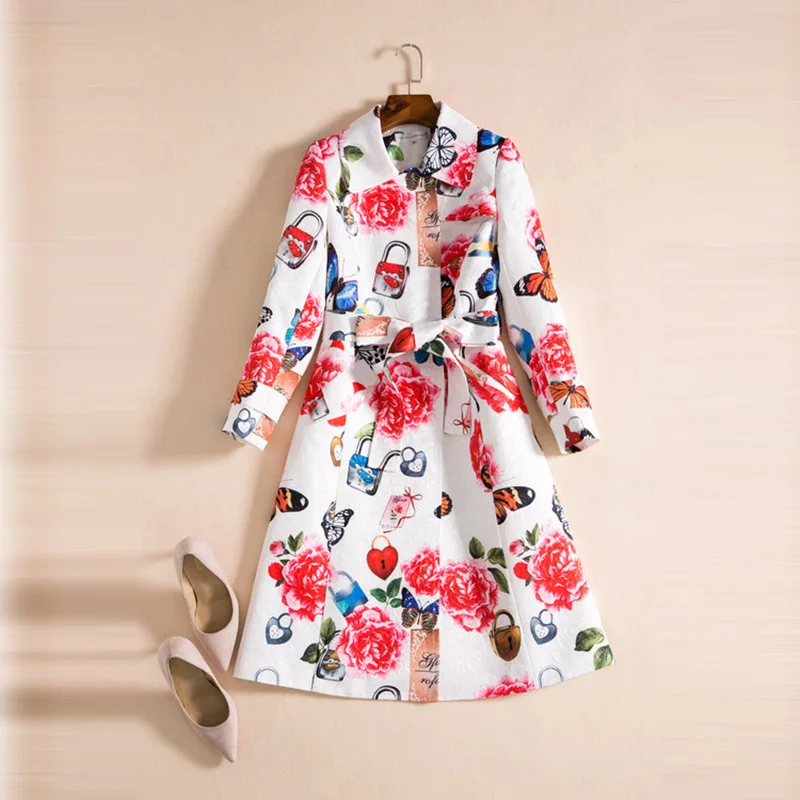 Luxury Flower Print Women Trenchcoat Fashion Turn-Down Collar Long Sleeve Coat With Belt | Женская одежда