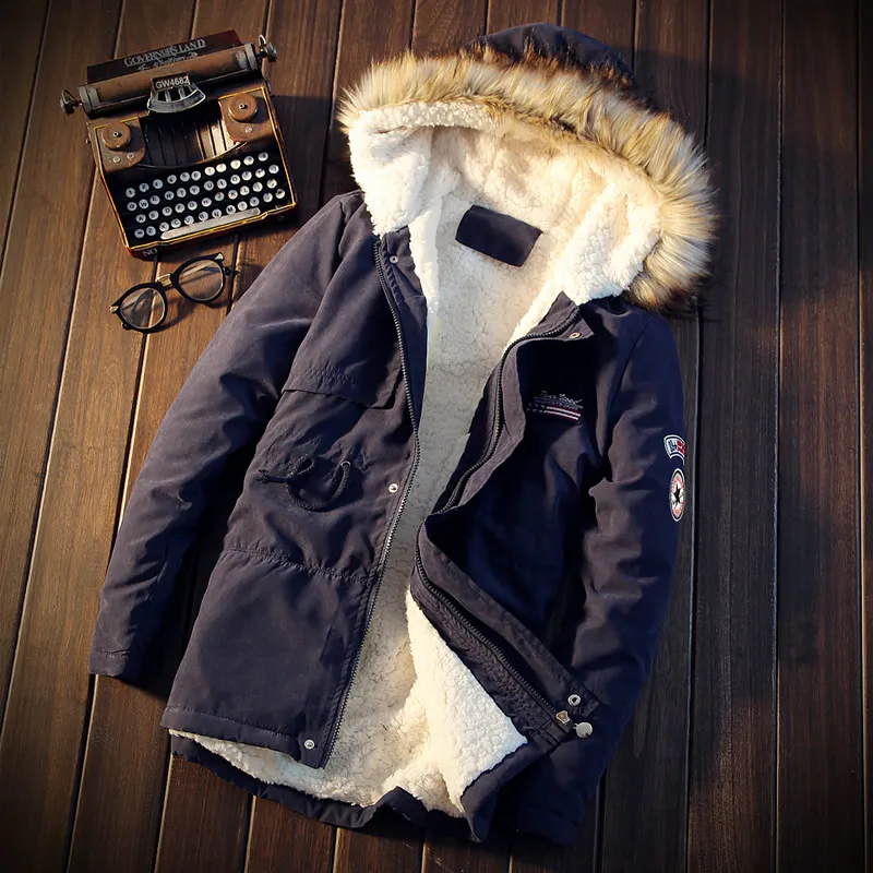 Navy blue Зимняя мода, Мужская Новая однотонная куртка с капюшоном, плюс бархат, большой размер, мужская куртка с длинными рукавами, длинная куртка для мужчин s - Цвет: Navy blue