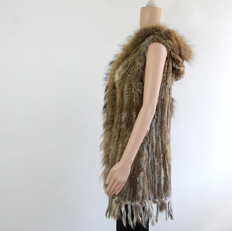 Длинный женский вязаный жилет с капюшоном из натурального кроличьего меха енота