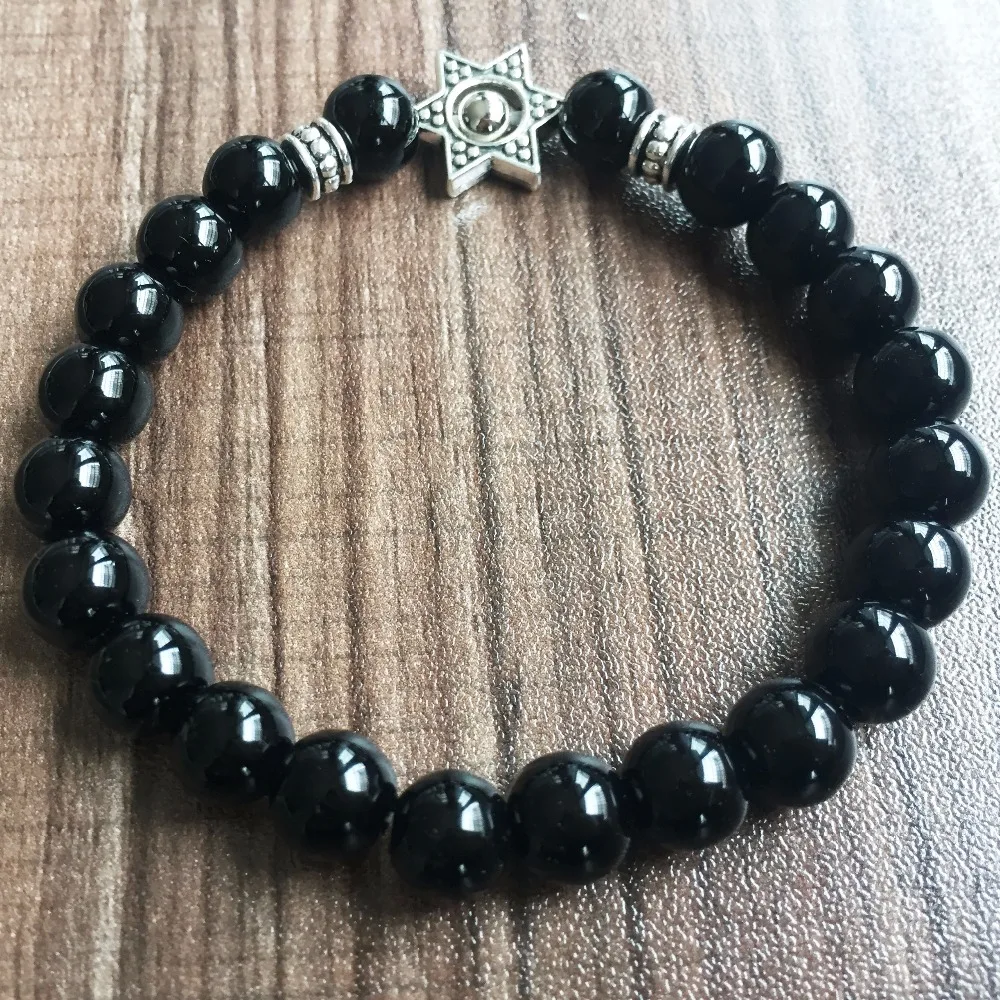 Шестиугольный браслет для женщин и мужчин Круглые бусины 8 мм из черного оникса