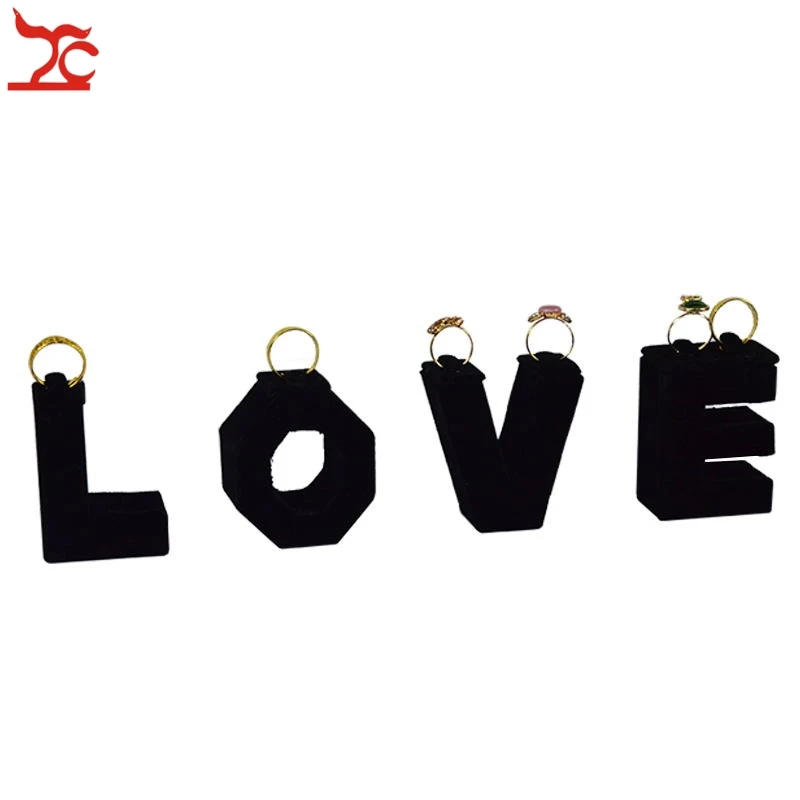 

Fashion Jewelry Display Stand Romandic Love Shape Black Velvet 7Pcs Jewelry Ring Organizer Holder Display Stand Set
