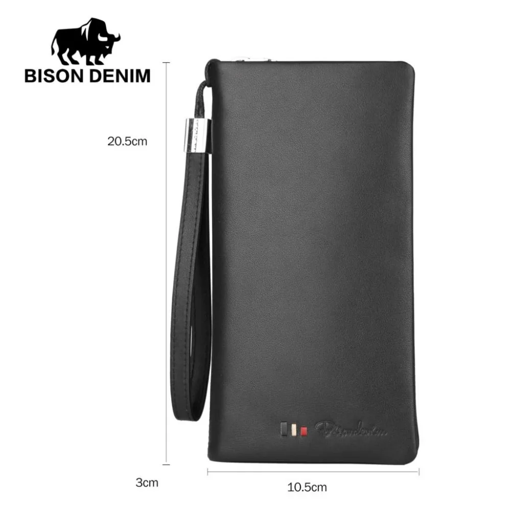 BISON джинсовые брендовые модные мужские кошельки из натуральной кожи, Длинный кошелек на молнии с держателем для карт, кошелек для телефона
