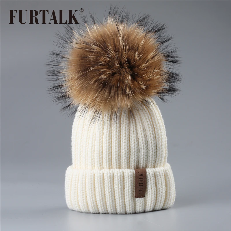 Детская шапка FURTALK, зимняя шапка для мальчиков и девочек 1-10 лет, с помпоном из меха, вязаная теплая шапка-бини