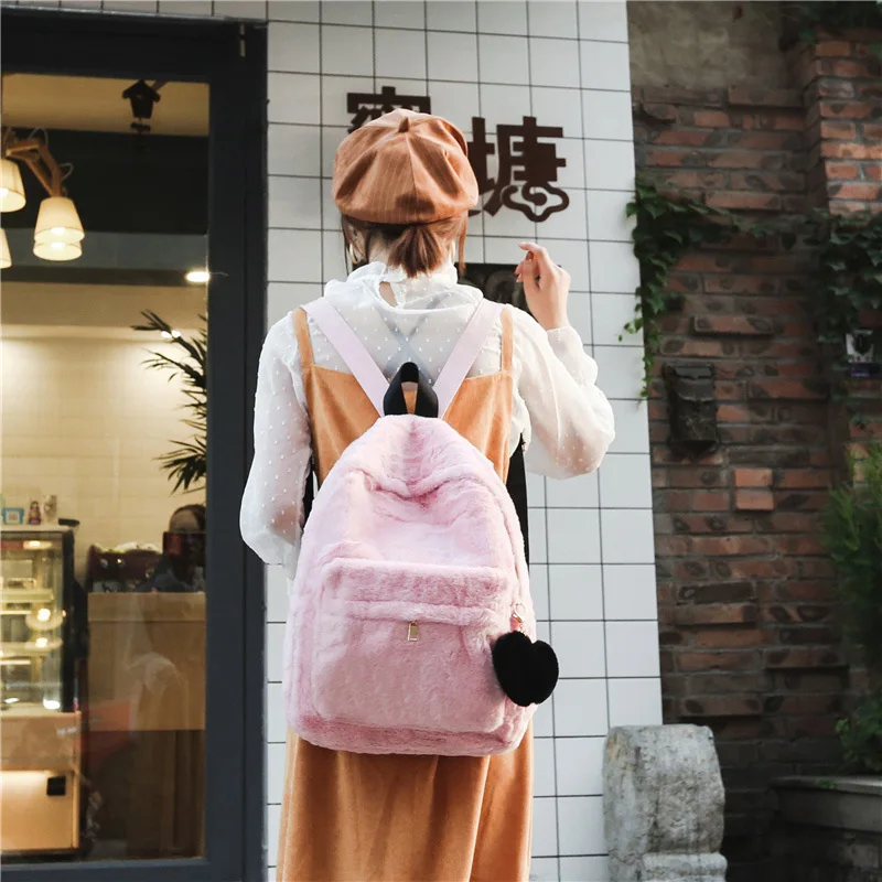 Women Velvet Backpack Cute Flannel Backpacks Large Fashion Leather Bag For Teenage Girls School Bags Winter Plush Rucksack XA79H |