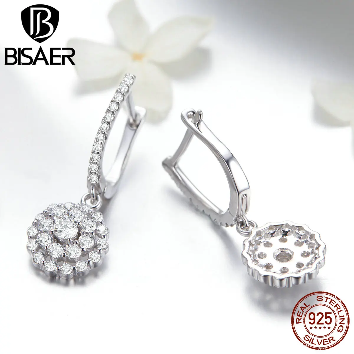 BISAER, модные, 925 пробы, серебряные, Кристальные, Круглые, серьги-гвоздики для женщин, циркониевые серьги, Стерлинговое Серебро, ювелирное изделие ECE517