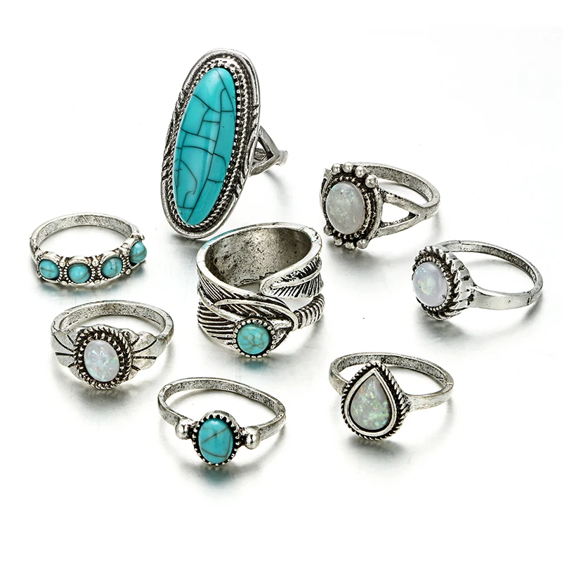 

HuaTang 8pcs/set Bohemian Geometric Water drop Ring Alloy Green Rhinestone Rings Silver Color Knuckle Anillos Ring Jewelry 6225