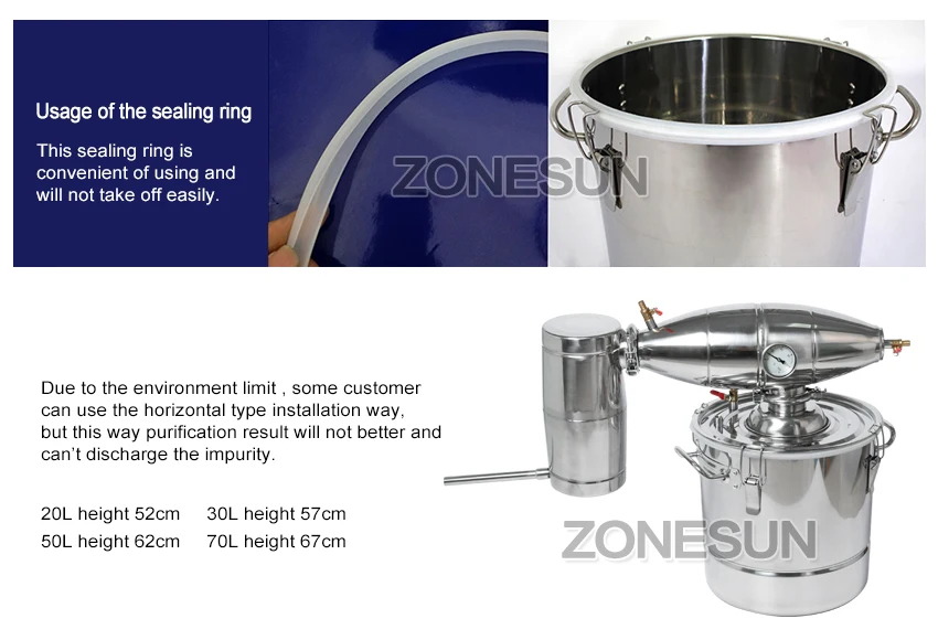 ZONESUN 20 30 50 70L винный дистиллятор барная посуда ПИВОВАРЕНИЕ оборудование из нержавеющей стали для изготовления вина котел спирт варочный набор устройство барный набор