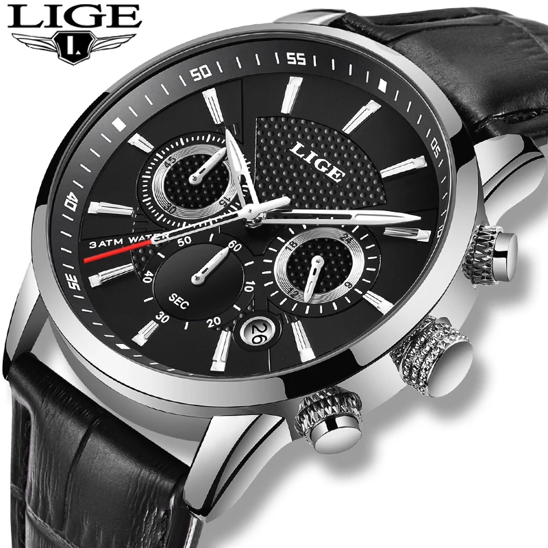 Часы наручные LIGE мужские с кожаным ремешком брендовые люксовые модные