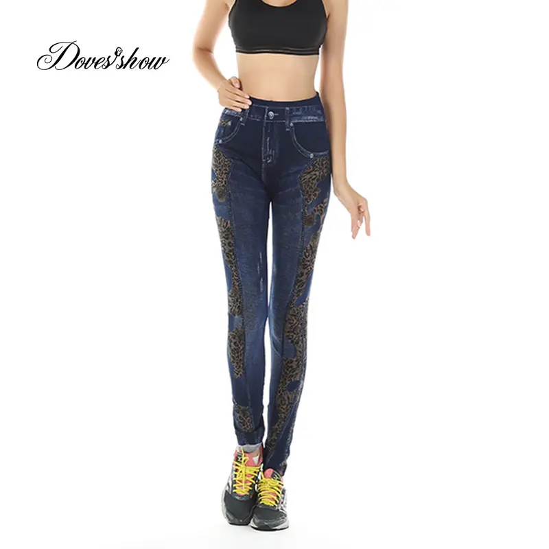 side leopard Fashion Slim Women Leggings Faux Denim Jeans Leggings Sexy Hole Heart Printing Casual Women Clothing Pencil Pants Plus size - Цвет: side leopard