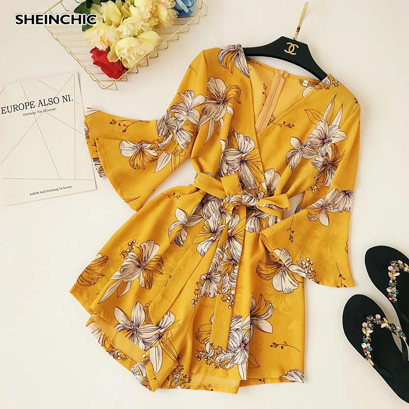 Женский пляжный комбинезон Boho Chic Желтый Свободный с v-образным вырезом и