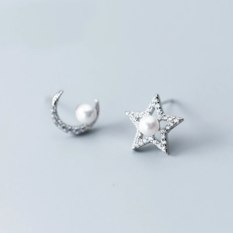

MloveAcc Romantic Clear CZ Moon Star Stud Earrings Pearl 925 Sterling Silver Charm Women Wedding Lover Jewelry Accessories Gift