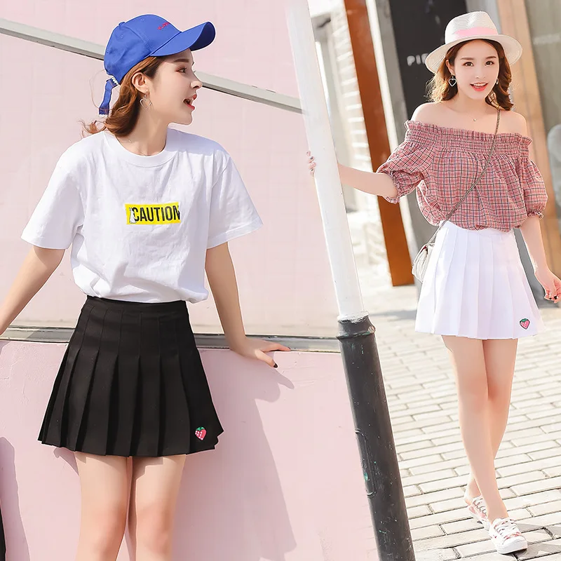 XS-XXL пять Цвет Симпатичные Клубника вышивка Для женщин юбка Высокая Талия трапециевидной формы студент плиссированные юбки Sweet Girls мини-юбка лето