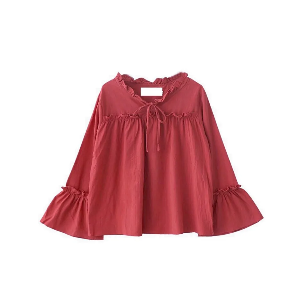 Белая блузка рубашка Женская Осень 2018 винтажный стильный топ с расклешенными