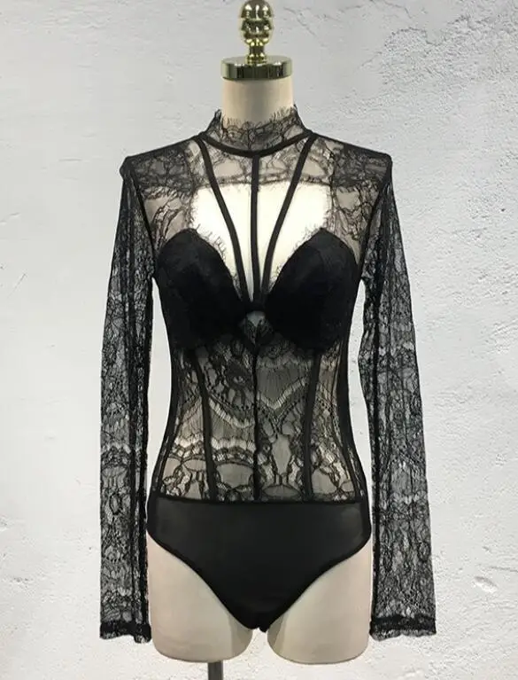 4 цвета сексуальный перспективный кружевной Боди с длинным рукавом Zentai костюм Go-Go Pole танцевальная сцена Одежда Леди танцевальное шоу костюм - Цвет: Black