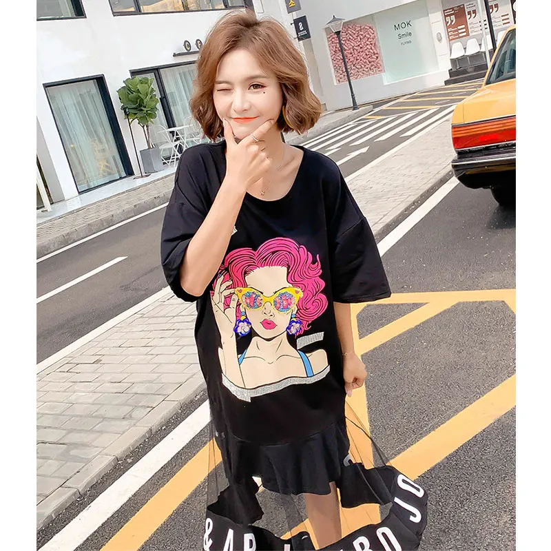 2019 летние сетчатые длинные платья с принтом из мультфильма женские блестками