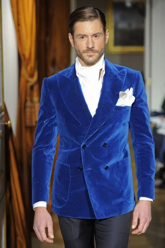 same as picture Модные Королевский синий бархат смокинг для жениха, Красивый Slim Fit Для мужчин свадебные Женихи Для мужчин Бизнес вечерние костюмы для выпускного(куртка+ брюки+ галстук - Цвет: same as picture