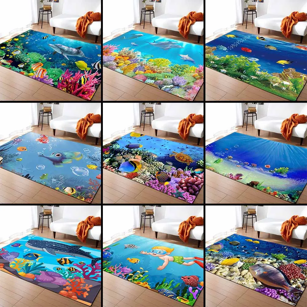 3D Ocean World Shark Area Rug Children Theme Room Decoration Rugs Memory Foam Non-Slip Mats Soft Flannel Carpet Living Room