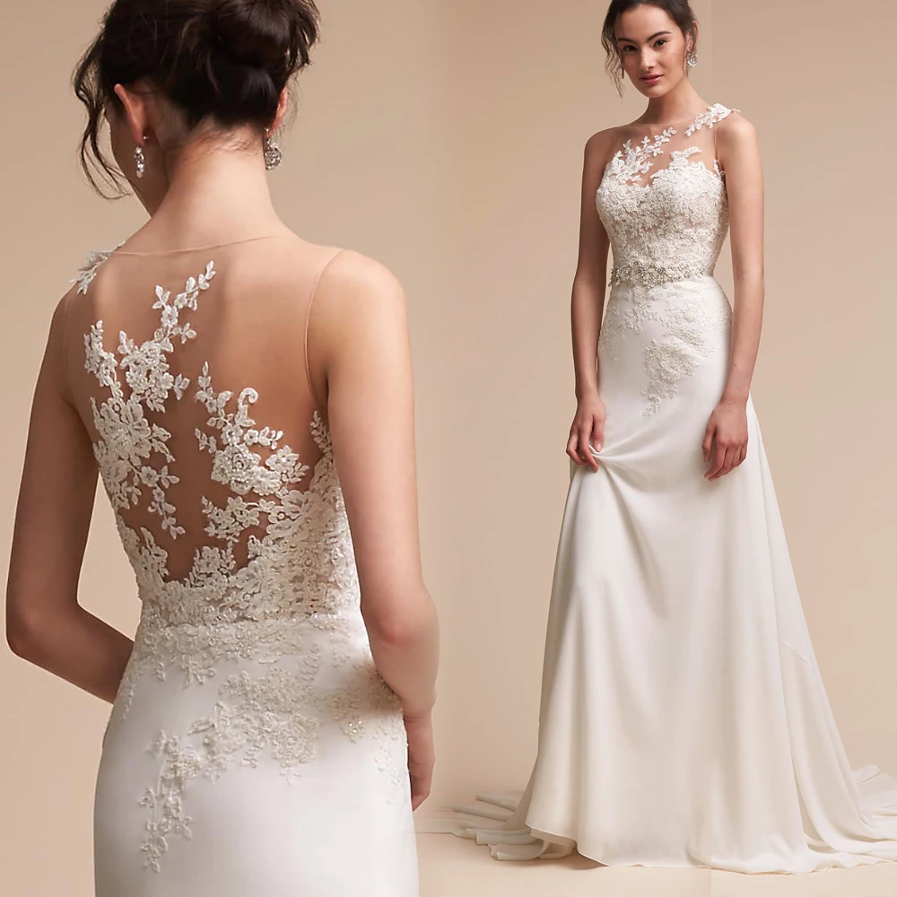 Белый цвет слоновой кости без рукавов Прозрачные шеи аппликация Кружева