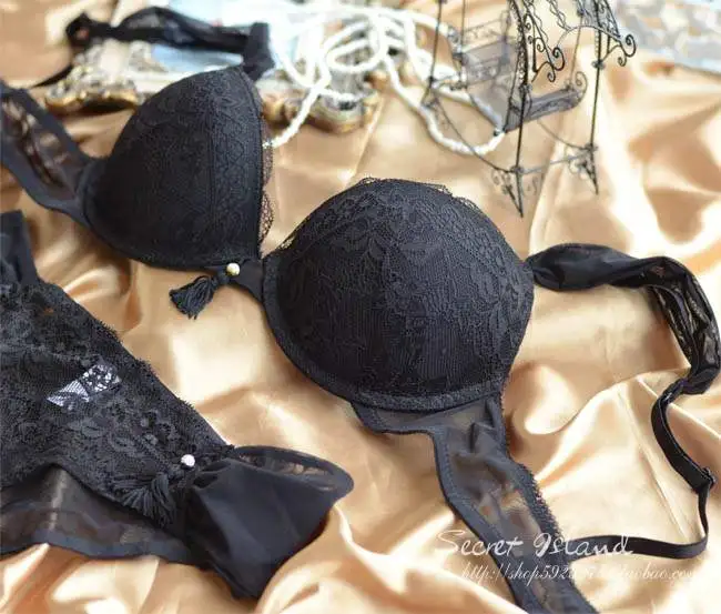 Роскошный эстетический черный кружевной бюстгальтер пуш-ап Женский комплект с