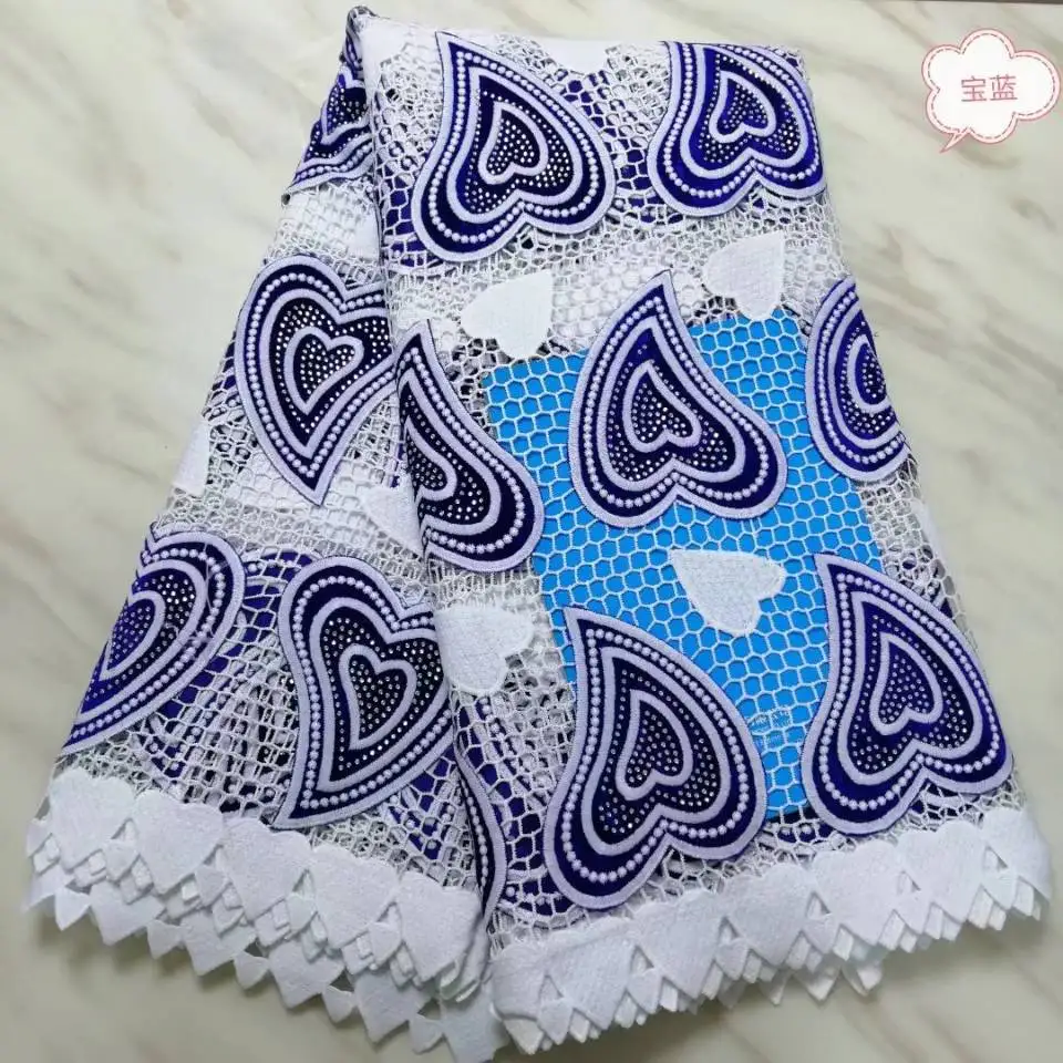 5Yards/pc Fashionable white african milk silk lace and royal blue french velvet fabric with rhinestone for dress BM21-1 | Дом и сад