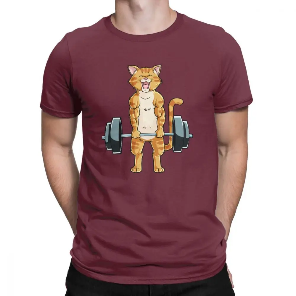 Креативный Кот Deadlift Powerlifting фитнес спортзал подъем веса футболки мужские Чистый хлопок футболка размера плюс одежда - Цвет: Бургундия