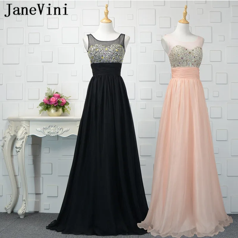 

JaneVini Elegant Tulle Sequined Crystal Long Bridesmaid Dresses 2018 A Line Sheer Scoop Neck Sheer Back Abito Damigella D'onore